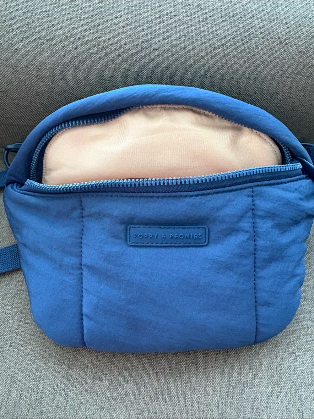 Poppy & Peonies Blue Belt Bag with Tan Interior